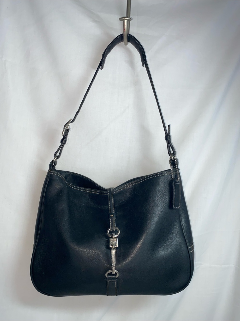 Vintage Coach 7751 Hampton Clip Black Leather Shoulder Bag Silver-Tone Hardware